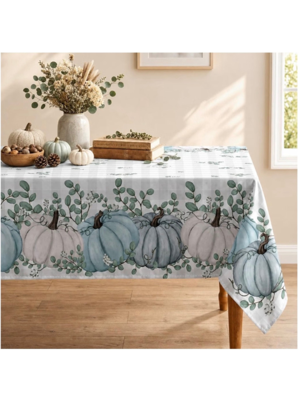 Fall Pumpkin Eucalyptus Tablecloth 60x120 Sage Blue White Farmhouse